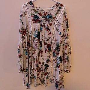 boho white dress with pink and blue flowers